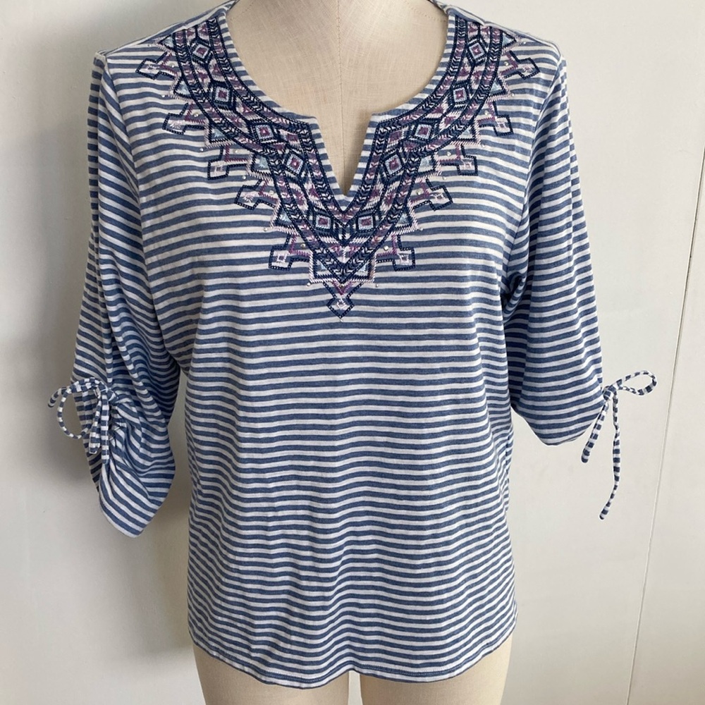ALFRED Dunner Blue and White Striped Blouse with Embroidery